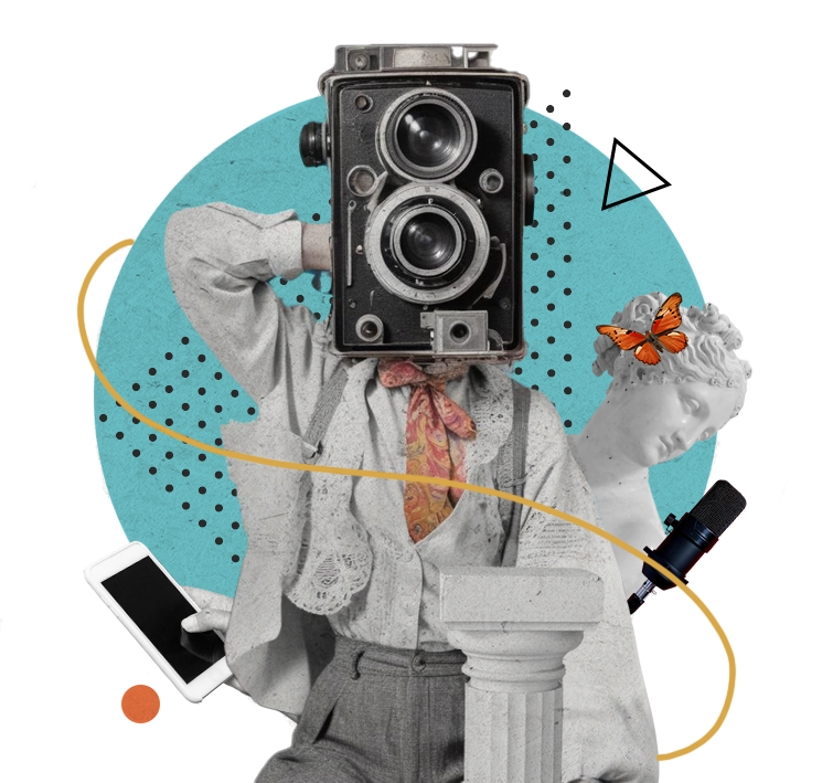 Kolaż, mężczyzna z aparatem na głowie. Wokół abstrakcyjne kształty, grecka rzeźba, mikrofon ora smartphone