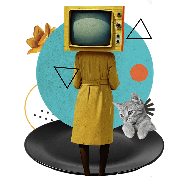 Kolaż przedstawiający osobę z telewizorem zamiast głowy, stojącą tyłem w żółtym płaszczu na okrągłej platformie z geometrycznymi kształtami, z unoszącym się w pobliżu kotem