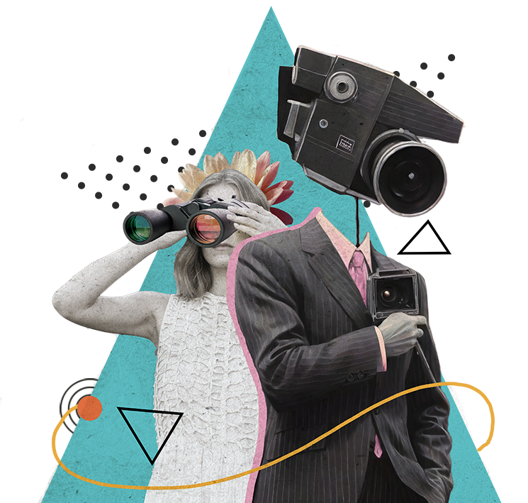 Surrealistyczny kolaż z postacią z głową starego aparatu fotograficznego w garniturze oraz osobą w sukience z lornetką i opaską z kwiatów na głowie, na tle geometrycznych kształtów i abstrakcyjnych linii